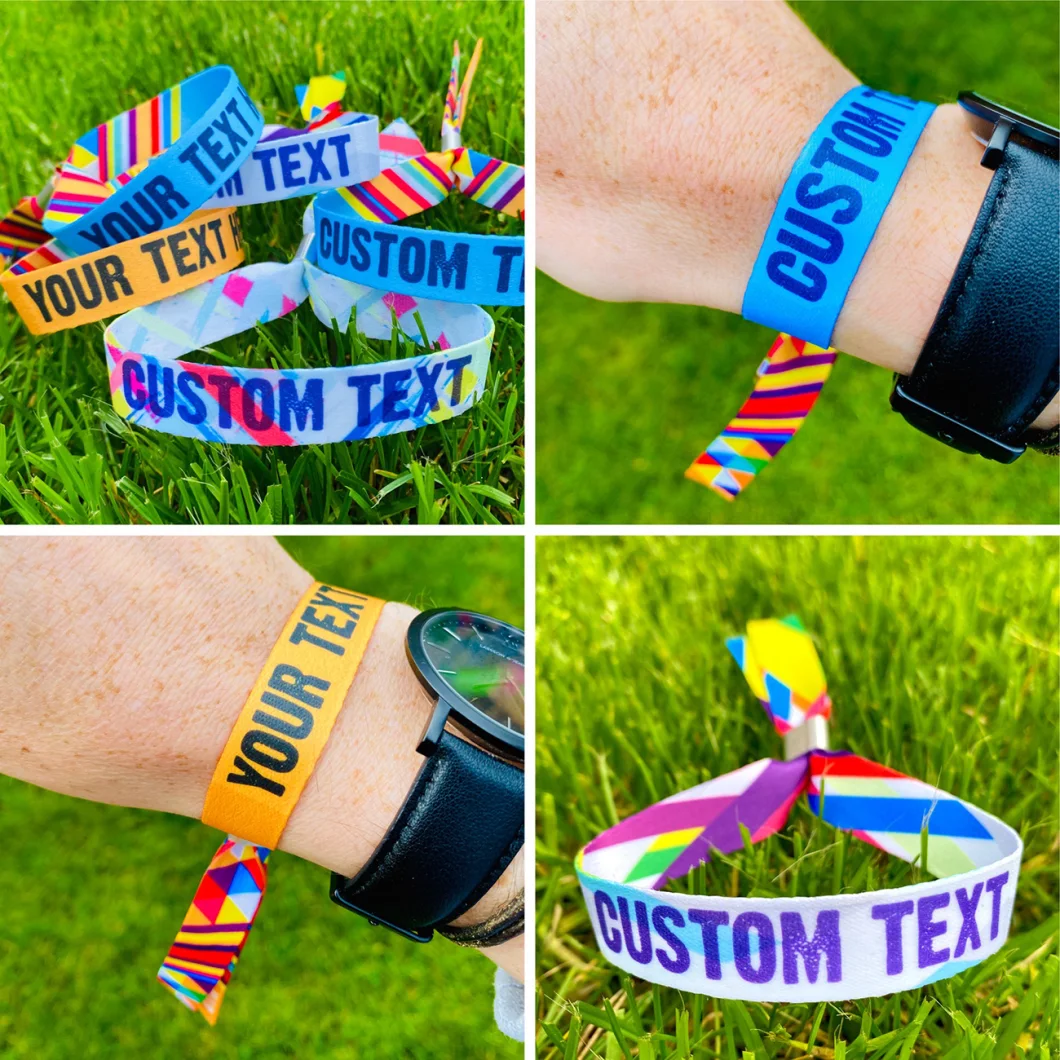 Promotion Custom Fashion Festival Event Printed Rainbow Elastic RFID Textile Polyester Fabric Bracelet Coachella Friendship Satin Ribbon Nylon Woven Wristband